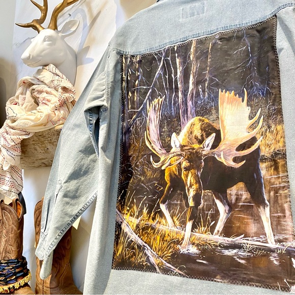 Upcycled Wildlife 🫎 boho boyfriend shirt/shacket w country farmhouse cabin vibe - Picture 4 of 13